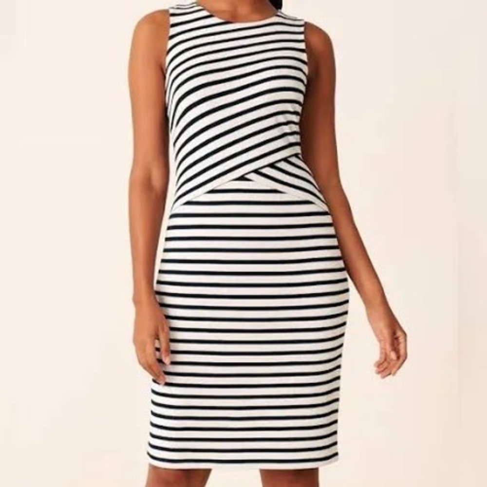 Talbots Womens Black White Stripedโ Sleeveless Cotton Shift Dress with Pockets S